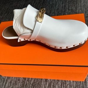 Hermes Carlotta Mule Gold Hardware White 38 Brand New Box and Receipt